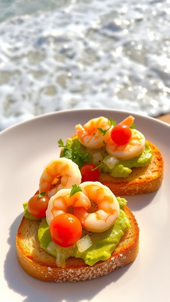 Coastal toast with avocado, shrimp, and tomatoes on a sunny beach background.
